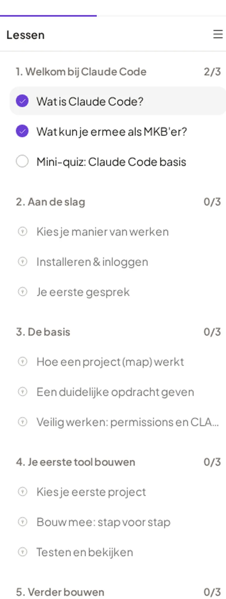 Echt lessenoverzicht van de cursus Kwikr met Claude Code